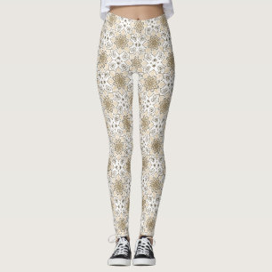 Beige Floral Mandala Circle Batik Muster Leggings