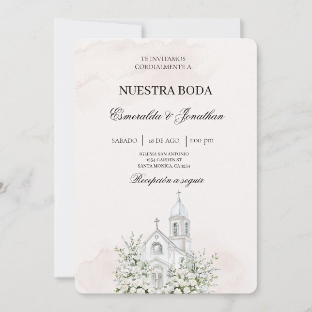 Beige Floral Spanish church Wedding Invitation Einladung (Vorderseite)