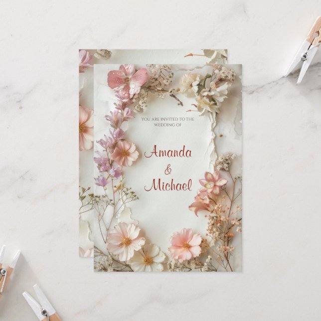 Beige Floral Wedding Einladung (Vorderseite/Rückseite Beispiel)