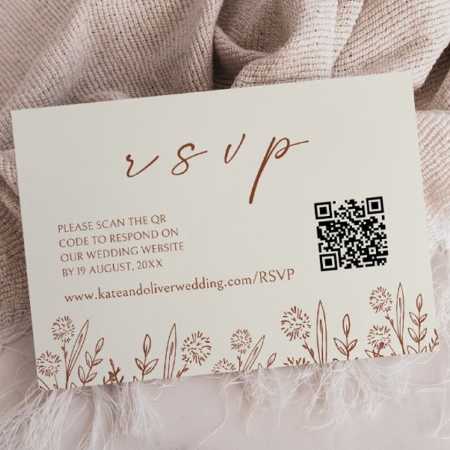 Beige Floral Wedding RSVP | QR-Code-Umschließungsk Mitteilungskarte (Von Creator hochgeladen)