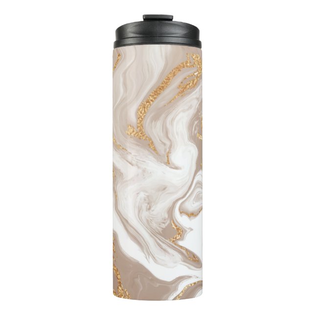 Beige Flüssig-Marmor mit Glitter-Gold Thermosbecher (Vorderseite)