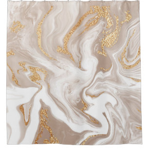 Beige flüssige Marmor, Goldlinienkunst. Duschvorhang