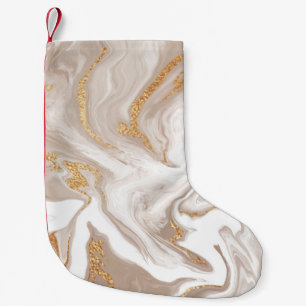 Beige flüssige Marmor, Goldlinienkunst. Kleiner Weihnachtsstrumpf