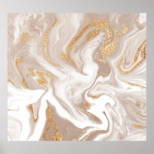 Beige flüssige Marmor, Goldlinienkunst. Poster