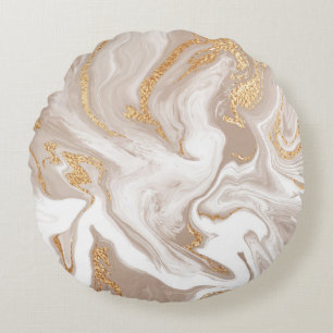 Beige flüssige Marmor, Goldlinienkunst. Rundes Kissen