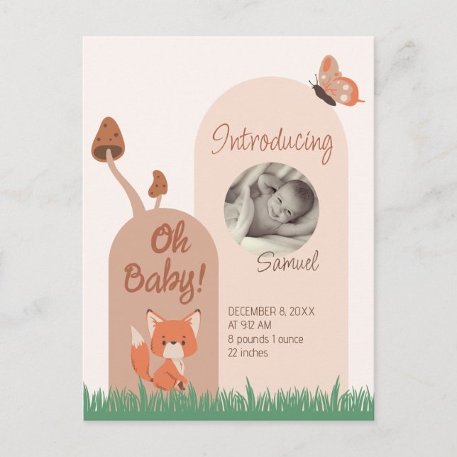 Beige Forest Themed Fox Baby Stats Postkarte (Vorderseite)