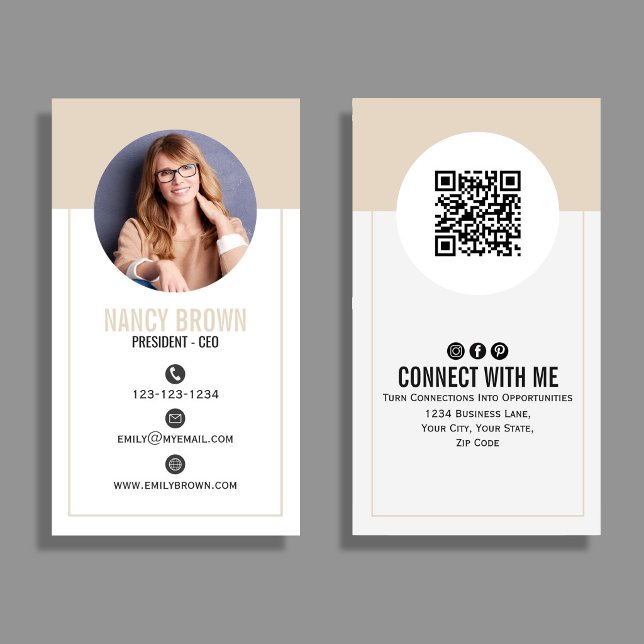 Beige Foto QR Code Verbinde dich mit mir Minimal Visitenkarte (Neutral beige modern card featuring a personalized photo front and QR code back for effortless.)