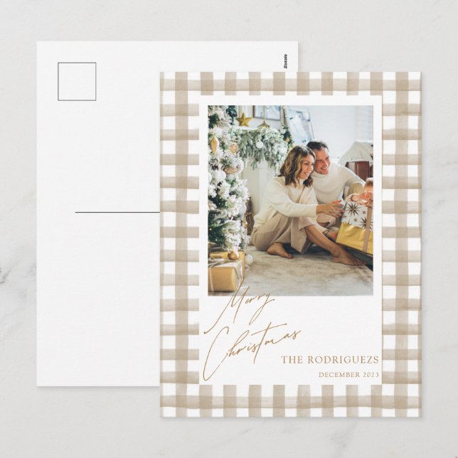 Beige Foto Weihnachtskarte Feiertagspostkarte (Vorne/Hinten)