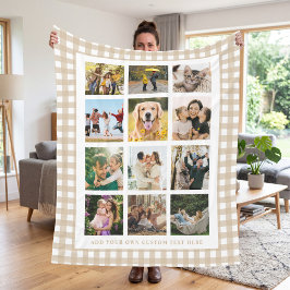 Beige Gingham Benutzerdefinierte 12-Foto-Collage Fleecedecke