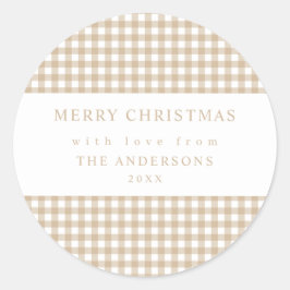 Beige Gingham Christmas Runder Aufkleber
