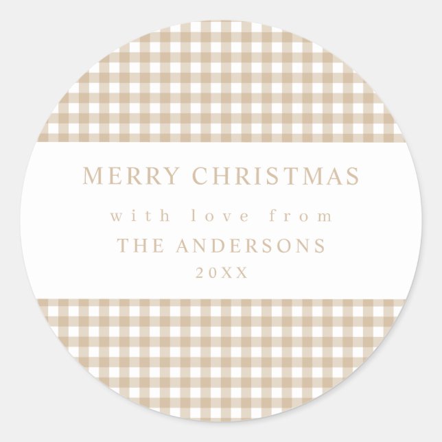 Beige Gingham Christmas Runder Aufkleber (Vorderseite)