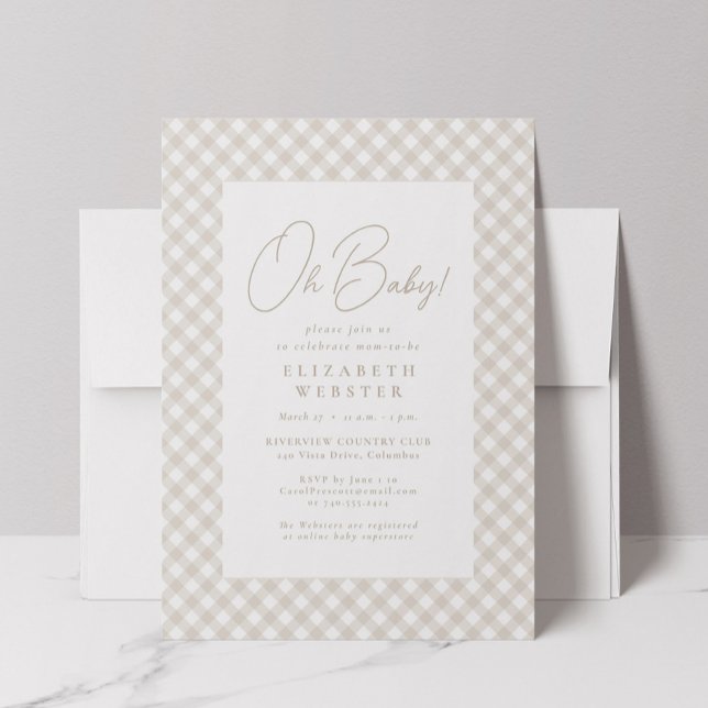 Beige gingham cute neutral Oh Baby baby shower Einladung (Von Creator hochgeladen)