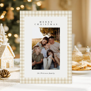 Beige Gingham Kariertes Foto Frohe Weihnachtsfeier Feiertagskarte