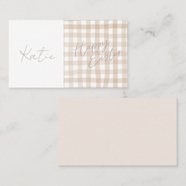 Beige Gingham Karo Happy Oaster Table Name Platzkarte (Vorne/Hinten)