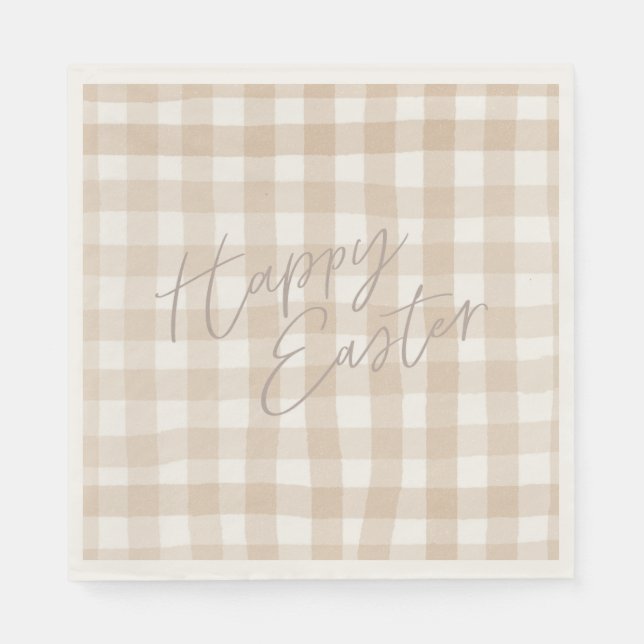 Beige Gingham-Karo-Muster glücklich Ostern Serviette (Vorderseite)