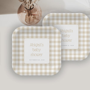 Beige Gingham Karo Neutrale Rustikale Babyparty Pappteller