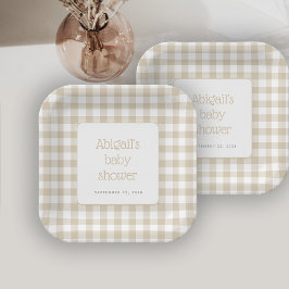 Beige Gingham Karo Rustic Baby Shower Pappteller