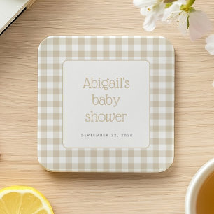 Beige Gingham Karo Rustic Baby Shower Rechteckiger Pappuntersetzer