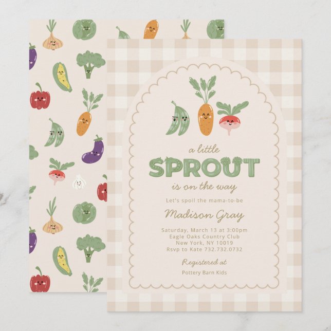 Beige Gingham Little Sprout auf der Way Baby Dusch Einladung (Vorne/Hinten)