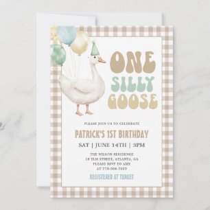 Beige Gingham One Silly Goose 1. Geburtstag Einladung