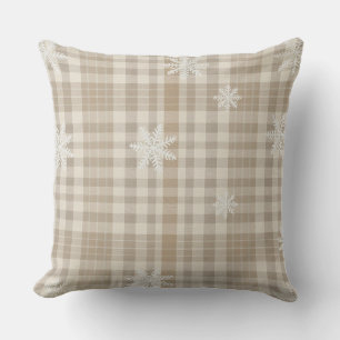 Beige Gingham-Schneeflocken-Wurfkissen – Gemütlich Kissen
