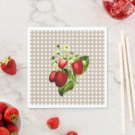 Beige Gingham & Strawberries Luncheon Serviette