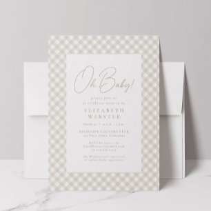 Beige Gingham süß neutral Oh Baby Babyparty Einladung