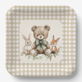 Beige Gingham Woodland Animals Baby Dusche Teller