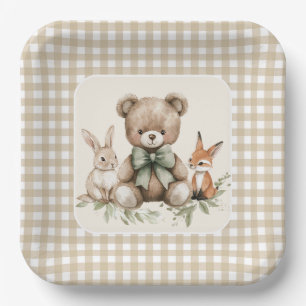 Beige Gingham Woodland Animals Baby Dusche Teller