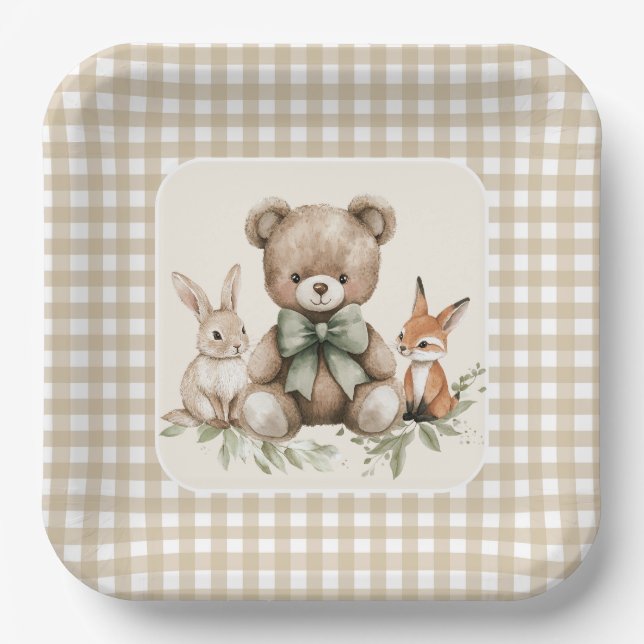 Beige Gingham Woodland Animals Baby Dusche Teller (Vorderseite)
