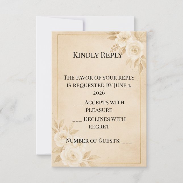 Beige Gold Blumen Hochzeit RSVP-Karten Vorlage (Vorderseite)