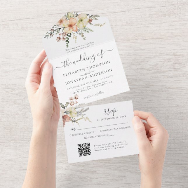 Beige Gold Christmas QR UAWG Winter Floral Wedding All In One Einladung (Abreißen)