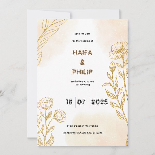 Beige Gold Floral Delikate Leichte Hochzeit Einlad Einladung (Vorderseite)