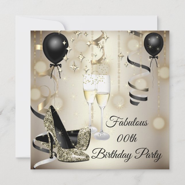 Beige Gold High Heels Champagner zum Geburtstag Einladung (Vorderseite)