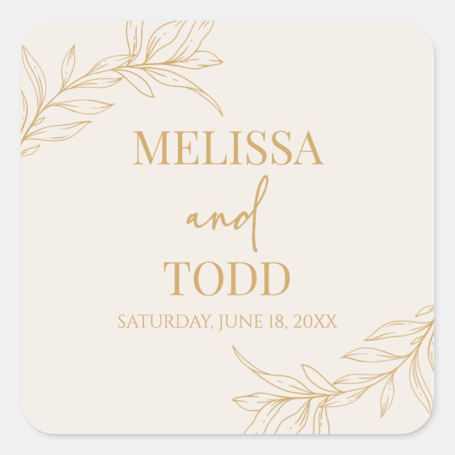 Beige Gold Minimal Minimalistische Zweigstelle Lea Quadratischer Aufkleber (Vorderseite)