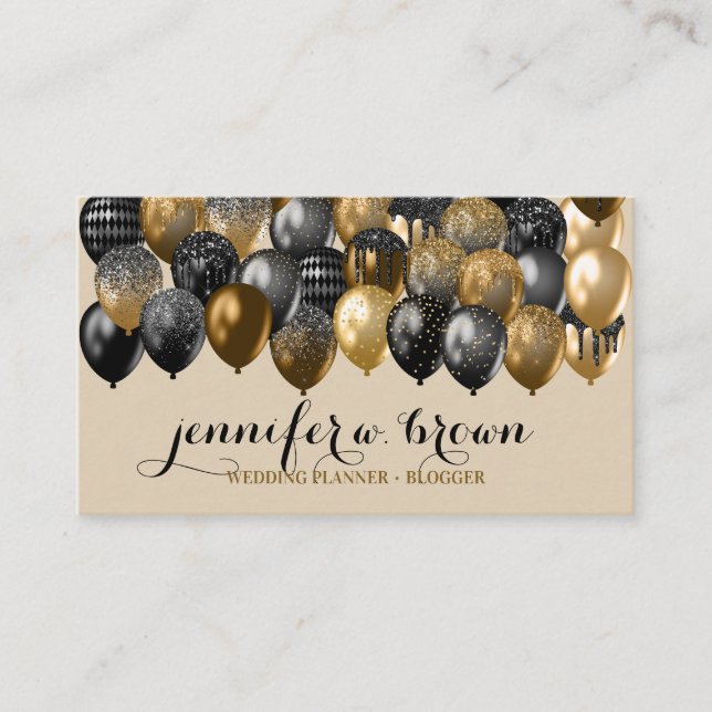 Beige & Gold Sprinkle Party Balloon Design Visitenkarte (Vorderseite)