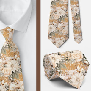 Beige Gold Tan Ivory White Watercolor Floral Krawatte