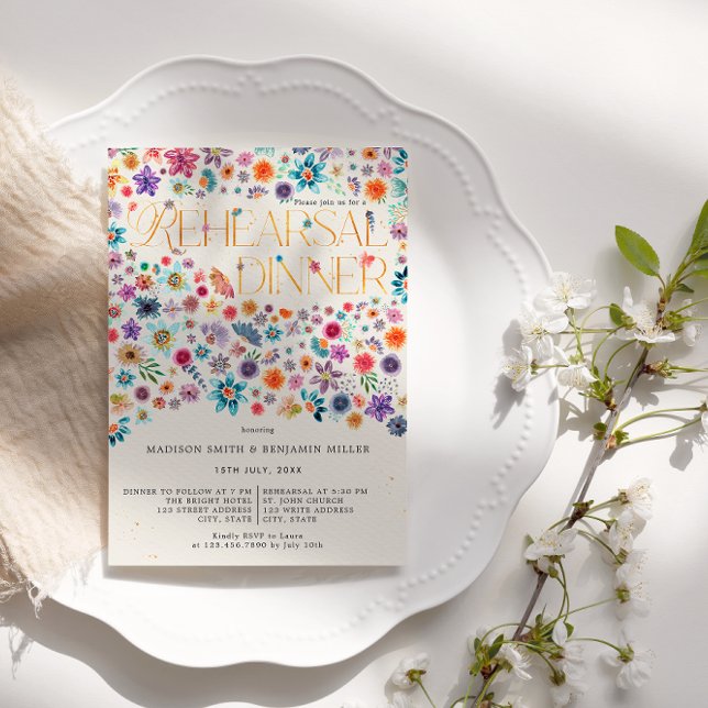 Beige Gold Typografie Floral Wedding Probe Einladung (Front)