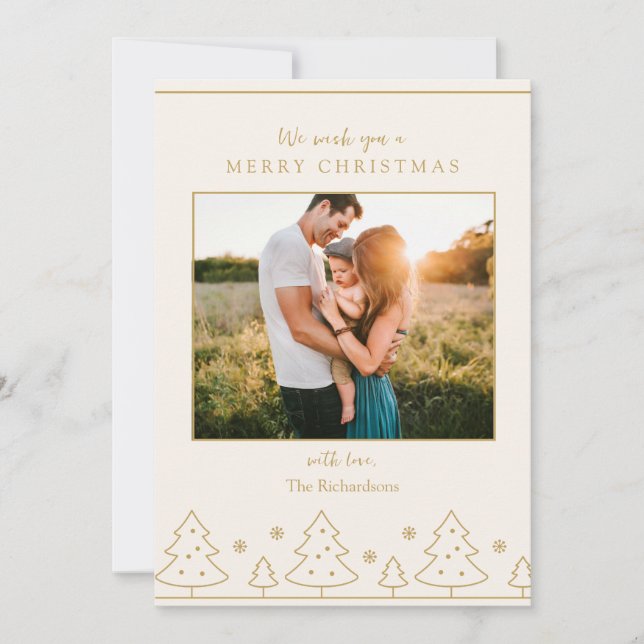Beige Gold Weihnachtsbaum Zwei Fotos Urlaubskarte Einladung (Vorderseite)