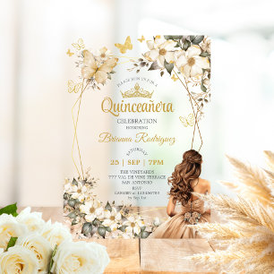 Beige Goldene Tiara Blumen Schmetterling Quinceañe Acryleinladungen