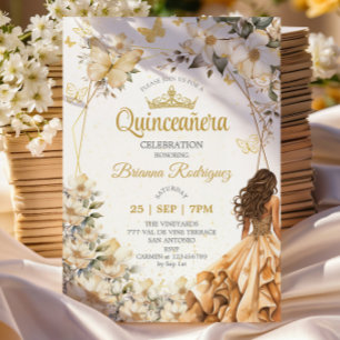 Beige Goldene Tiara Blumen Schmetterling Quinceañe Einladung