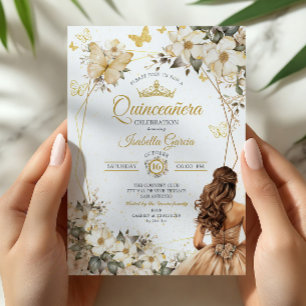 Beige Goldene Tiara Blumen Schmetterlinge Quinceañ Einladung