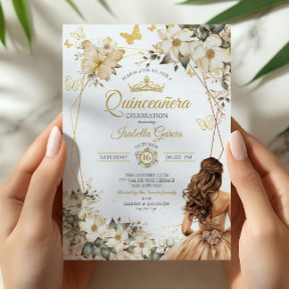 Beige Goldene Tiara Blumen Schmetterlinge Quinceañ Einladung