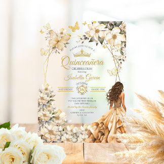 Beige Goldene Tiara Florale Schmetterlinge Quincea Acryleinladungen