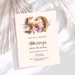 Beige Goldpfirsichblütenbudget 50. Geburtstag<br><div class="desc">Eine moderne, stilvolle und glamouröse Einladung zum 50. Geburtstag. Beige, cremefarbene Einrichtung, pfirsichfarben und lila Blume im Wasser. Der Name ist mit einem modernen handgeschriebenen Stilskript geschrieben. Personalisieren Sie Ihre Party-Daten und fügen Sie sie hinzu. Nummer 50 wird mit einem Schriftart im Ballonstil geschrieben, Skript. 1 Blatt = 1 Einladung...</div>