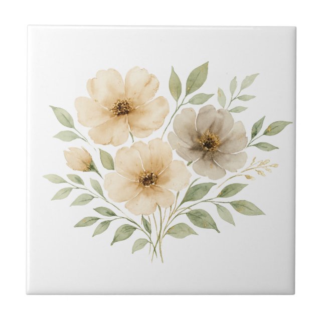 Beige Graue Neutrale Farben Boho Watercolor Blumen Fliese (Vorderseite)