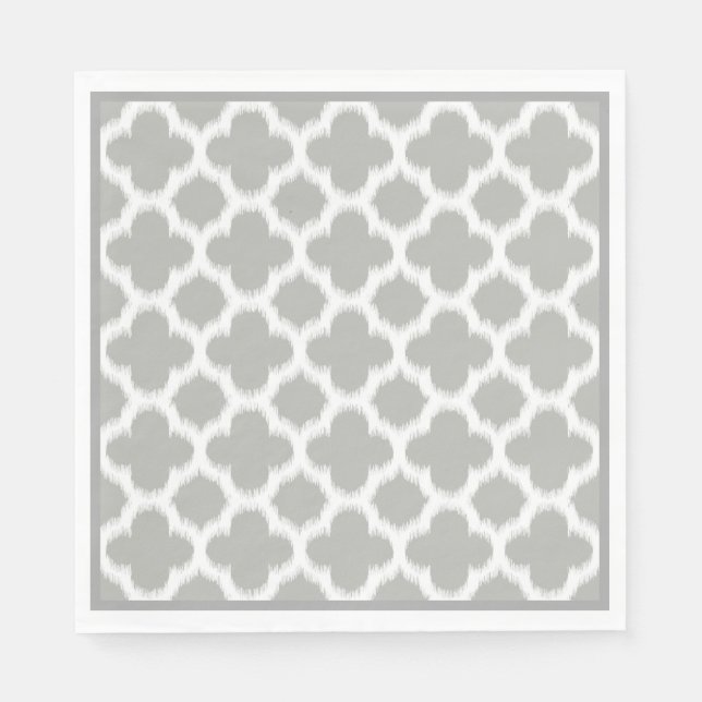 Beige graues weißes Retro-Ikat-Quatrefolienmuster Serviette (Vorderseite)