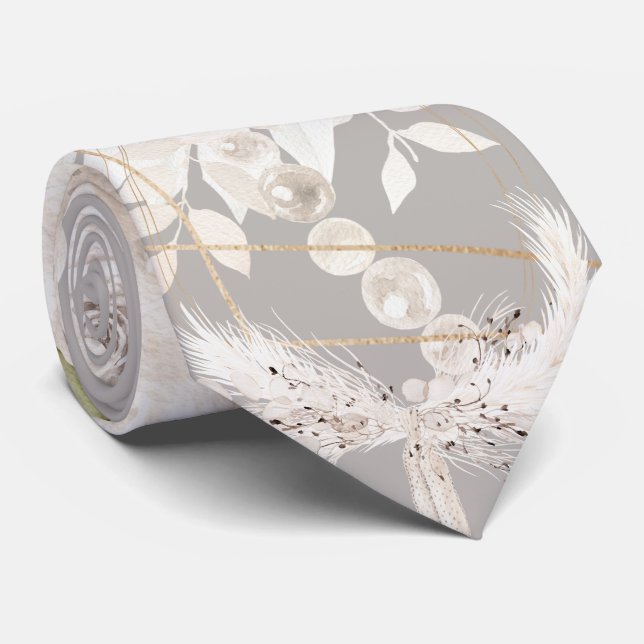 Beige Gray White Floral Weddiniom Krawatte (Gerollt)