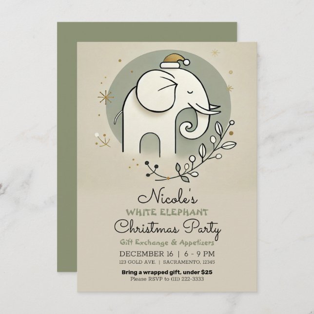 Beige Green Gold White Elephant Weihnachts-Party Einladung (Vorne/Hinten)
