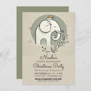 Beige Green Gold White Elephant Weihnachts-Party Einladung
